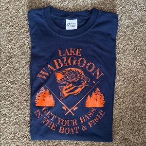 Navy T-Shirt with Orange Lake Wabigoon Fishing Graphic